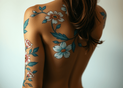 A woman's arm showcasing a stunning neo-modern tattoo featuring intricate flowers and leaves painted in black and gray, designed as a large tattoo sleeve. This unique feminine tattoo blends vintage floral elements with a vibrant garden theme, highlighting the beauty of whole sleeve tattoos for women.