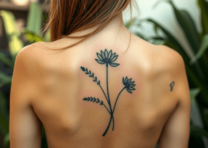 Plant tattoo design on the upper back, showcasing intricate details and natural elements, perfect for body art enthusiasts.