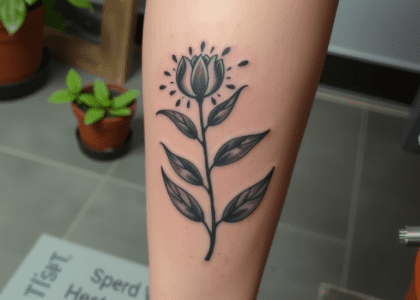 Plant tattoo design on a leg showcasing intricate foliage and natural elements.