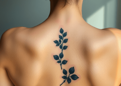 Back tattoo featuring intricate plant design with detailed leaves and vines.