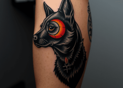 Black dog tattoo on arm, detailed black ink design, unique pet tribute tattoo, canine art on skin, body art featuring dog silhouette.
