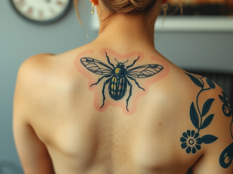 "Intricate beetle tattoo design on the back, showcasing detailed line work and shading, perfect for body art enthusiasts."