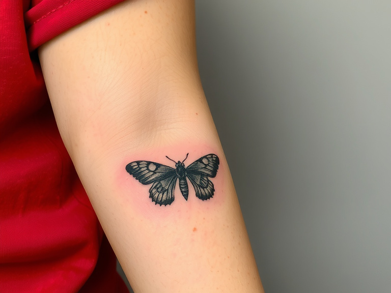 Small lunar moth tattoo on left arm, showcasing graphic design elements with a touch of funk, ideal for inspiration on tattoo placement and concepts, reflecting themes of Memento Mori and unique tattoo ideas.