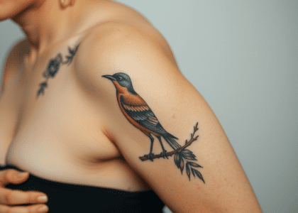 A close-up of a woman's arm featuring a detailed bird tattoo on the left side, showcasing the beauty and significance of cool bird tattoos, including nightingale, swallow, and sparrow designs.