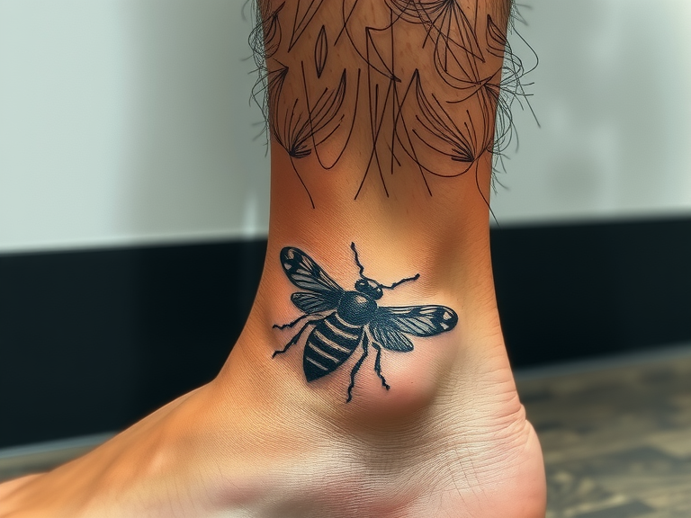 A man's leg featuring a striking black and white wasp tattoo, showcasing intricate insect design with a unique and funky style.