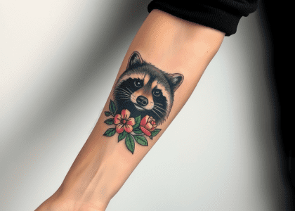 A man's forearm featuring a detailed raccoon tattoo surrounded by vibrant floral designs, showcasing a blend of nature and animal themes in body art.