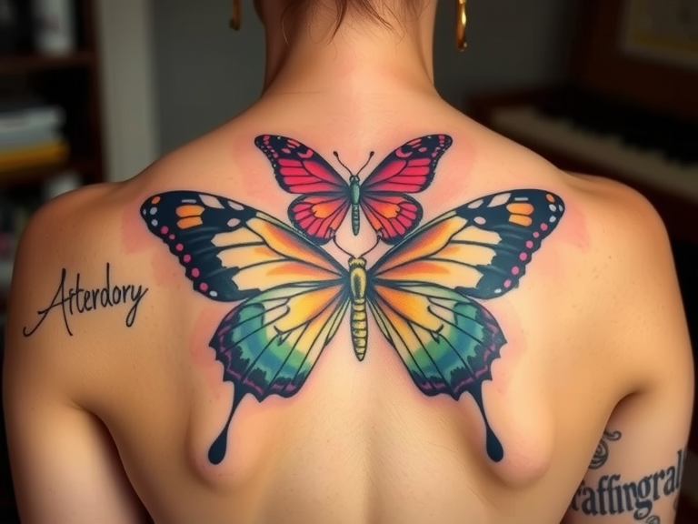 Butterfly tattoo design on back, colorful and detailed wing patterns, showcasing body art aesthetics.