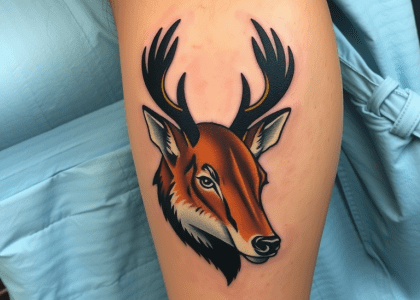 "Detailed animal tattoo design on a leg, featuring intricate patterns and vibrant colors, showcasing a unique body art style."