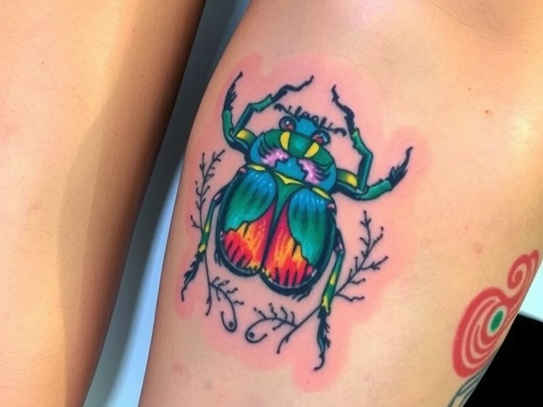 Colorful beetle tattoo design on left forearm and leg, showcasing a vibrant insect with neotraditional style, perfect for nature lovers and tattoo enthusiasts.