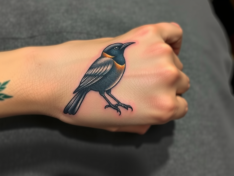 Tattoo of a bird intricately designed on a hand, showcasing detailed feathers and vibrant colors.