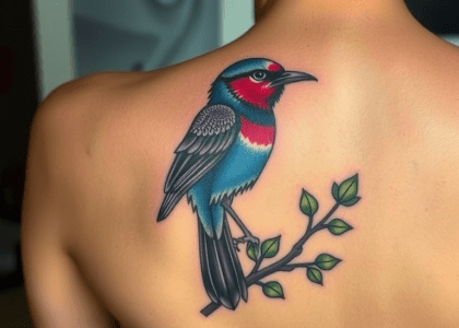 Tattoo of a bird on a person's back, showcasing intricate details and vibrant ink colors.