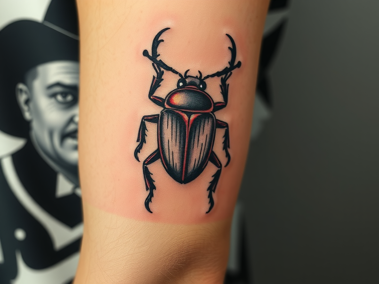 Beetle tattoo design on left arm featuring a leaf beetle in a nature sleeve style, showcasing unique and funky bug tattoos, inspired by Skye Tattoo and Aa Tattoos.