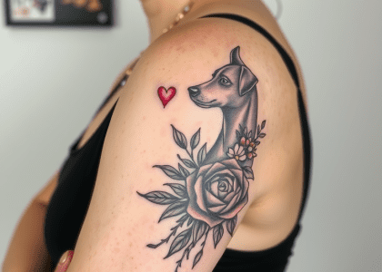 A woman's left arm showcasing a detailed dog tattoo intertwined with flowers on her bicep, representing popular pup tattoo ideas and floral dog tattoo designs.