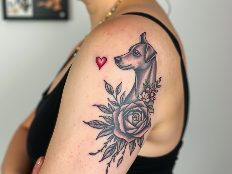 A woman's left arm showcasing a detailed dog tattoo intertwined with flowers on her bicep, representing popular pup tattoo ideas and floral dog tattoo designs.