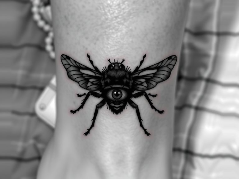 Black and white photo of a fly tattoo on ankle featuring an eye in its center, showcasing intricate details and fine line work, categorized under cicada shell tattoo, small animal tattoos, neat tattoos, black work tattoo, bug tattoo, and Aztec tattoo styles.