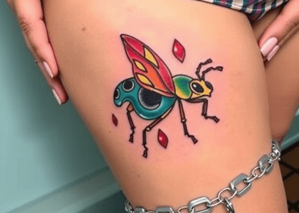 Colorful June Bug tattoo on a woman's thigh, featuring a simple and cute design that highlights the beauty of the insect, perfect for tattoo enthusiasts seeking June Bug tattoo ideas and colorful bug art.