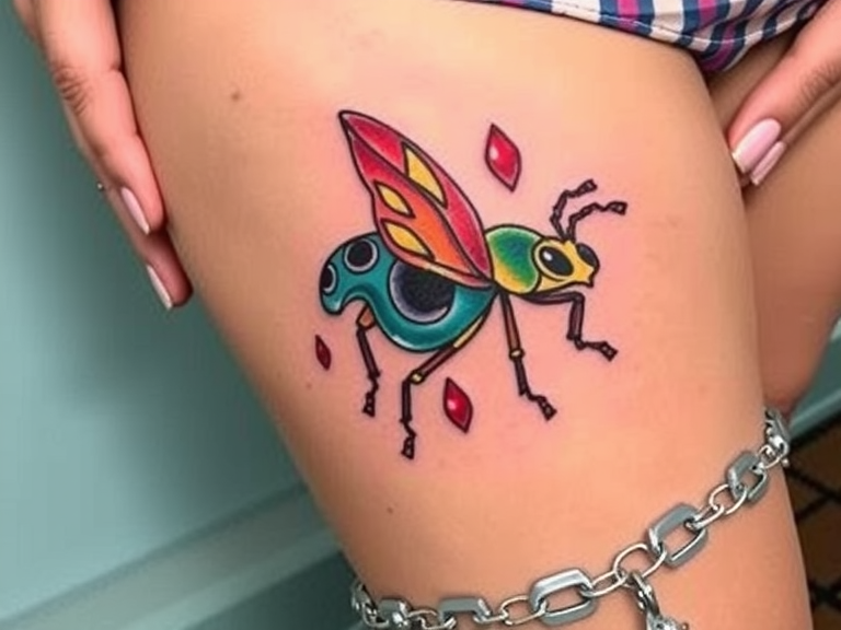 Colorful June Bug tattoo on a woman's thigh, featuring a simple and cute design that highlights the beauty of the insect, perfect for tattoo enthusiasts seeking June Bug tattoo ideas and colorful bug art.