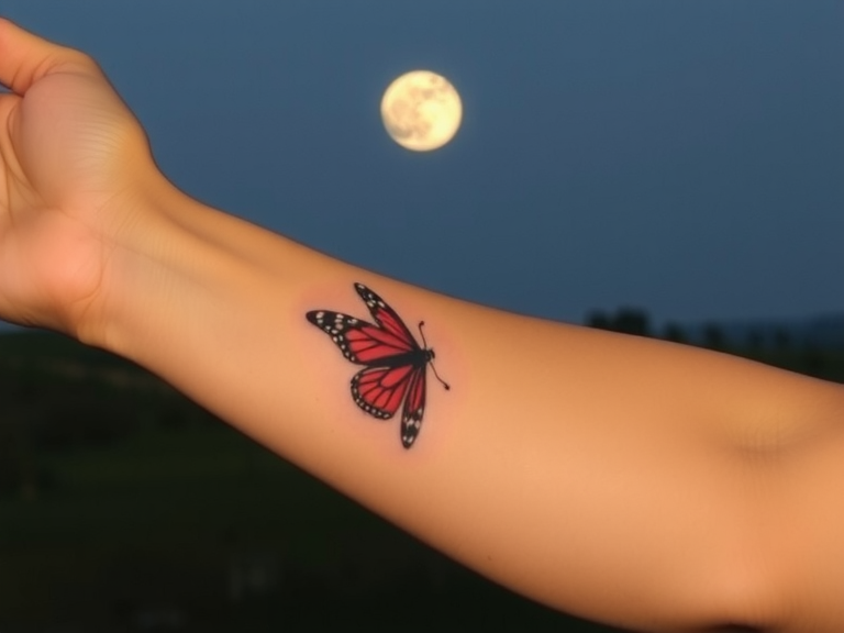 A woman's arm adorned with a butterfly tattoo, featuring a moon in the background, showcasing fairy core tattoo ideas and moth tattoo designs.
