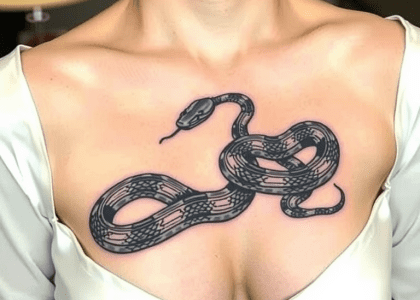 Vintage snake tattoo coiling elegantly across a bride's chest, featuring intricate linework and rich dark hues with soft gradients, highlighting the scales and enhancing her ethereal beauty.