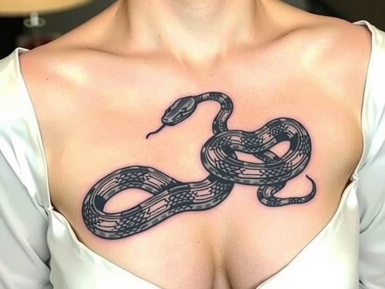 Vintage snake tattoo coiling elegantly across a bride's chest, featuring intricate linework and rich dark hues with soft gradients, highlighting the scales and enhancing her ethereal beauty.