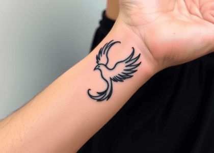 Minimalist phoenix tattoo design on wrist, showcasing a simple and elegant portrayal of the mythical bird symbolizing rebirth and strength.