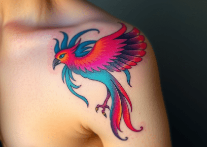 Iridescent phoenix tattoo on shoulder blade showcasing vibrant colors and intricate details, symbolizing rebirth and transformation.