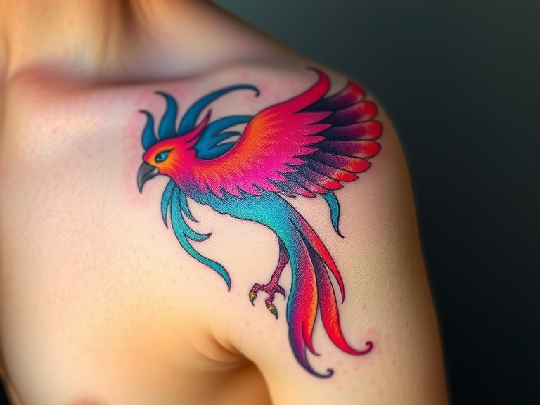 Iridescent phoenix tattoo on shoulder blade showcasing vibrant colors and intricate details, symbolizing rebirth and transformation.