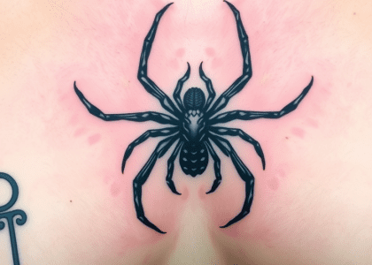 Baroque spider tattoo on sternum with intricate linework, elegant curves, deep blacks and shadowy grays contrasting light skin, showcasing artistry and personal significance.