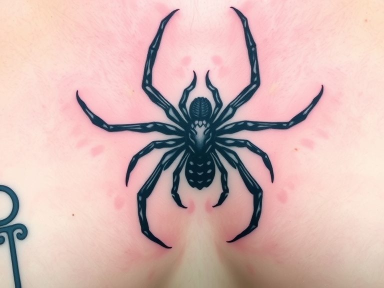 Baroque spider tattoo on sternum with intricate linework, elegant curves, deep blacks and shadowy grays contrasting light skin, showcasing artistry and personal significance.