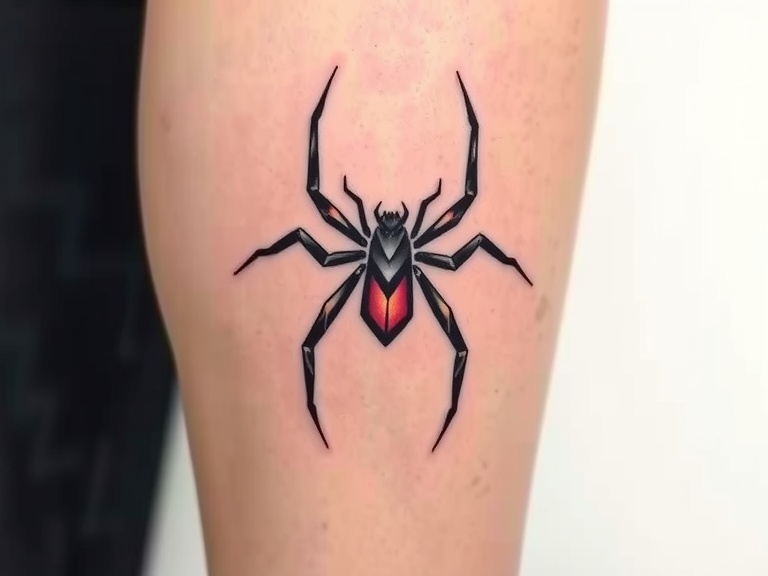 Geometric spider tattoo on calf with sharp lines, bold black outline, and gradient gray shading, showcasing elegance and strength on light skin.