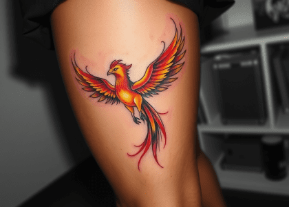 A stunning watercolor phoenix tattoo on a thigh, featuring vibrant reds, oranges, and yellows with intricate linework and soft shading, symbolizing rebirth and resilience, beautifully showcased on dark skin.