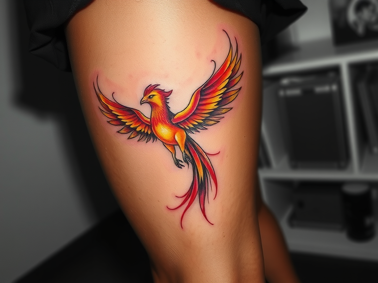A stunning watercolor phoenix tattoo on a thigh, featuring vibrant reds, oranges, and yellows with intricate linework and soft shading, symbolizing rebirth and resilience, beautifully showcased on dark skin.
