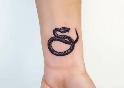 Minimalist snake tattoo wrapping around wrist with sleek black linework and subtle gradients, showcasing texture of scales, complementing light skin tone, symbolizing mystery and personal significance.