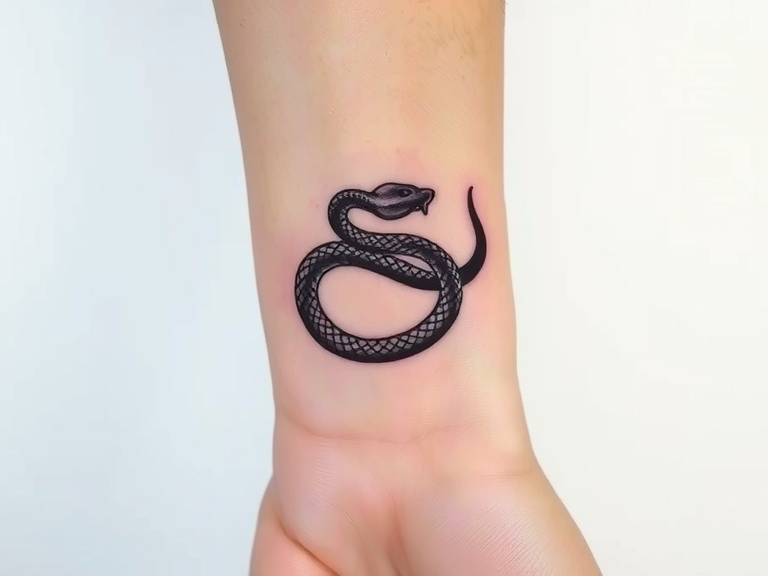 Minimalist snake tattoo wrapping around wrist with sleek black linework and subtle gradients, showcasing texture of scales, complementing light skin tone, symbolizing mystery and personal significance.