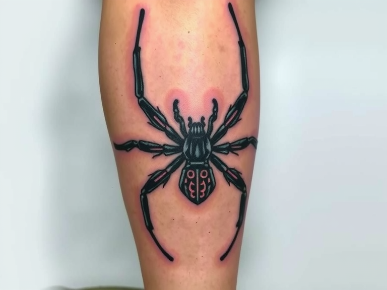 Tattoo of a spider intricately designed on a person's leg, showcasing detailed artwork and vibrant ink colors.
