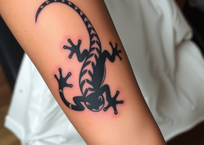 "Tribal lizard tattoo coiling around forearm, featuring intricate black ink designs, bold lines, and delicate shading, symbolizing transformation and resilience on medium skin tone."