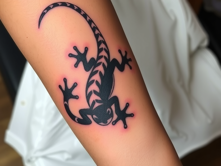 "Tribal lizard tattoo coiling around forearm, featuring intricate black ink designs, bold lines, and delicate shading, symbolizing transformation and resilience on medium skin tone."