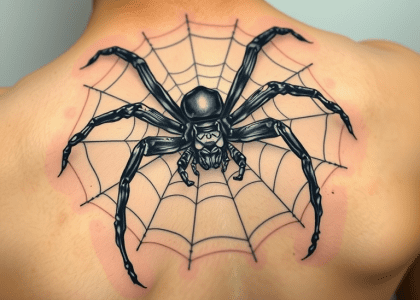 "Intricate Japanese spider tattoo on upper back featuring elegant linework, deep black ink, and subtle gray gradients, showcasing beauty and strength in traditional design."