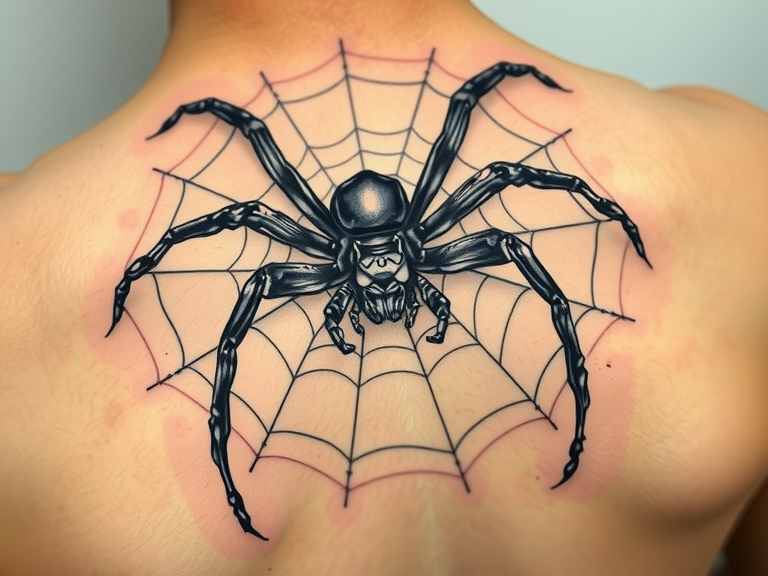 "Intricate Japanese spider tattoo on upper back featuring elegant linework, deep black ink, and subtle gray gradients, showcasing beauty and strength in traditional design."